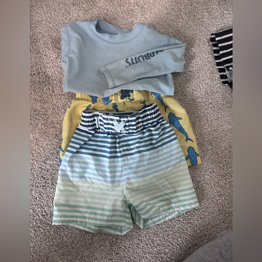 18-24m RUGGEDBUTTS swim bundle, long sleeve rashguard + 2 swim trunks.